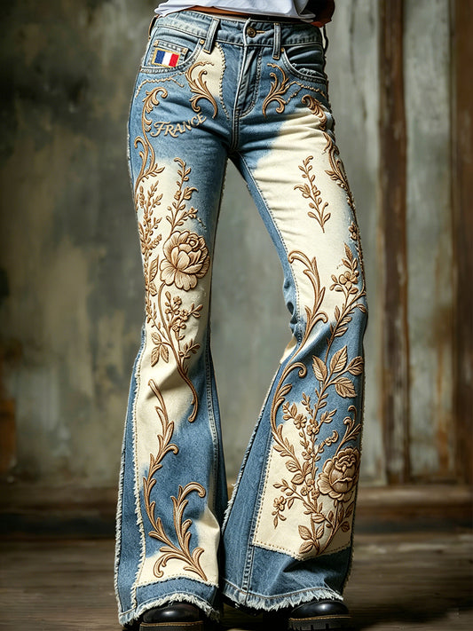 Pantalon évasé décontracté à imprimé floral vintage français pour femme