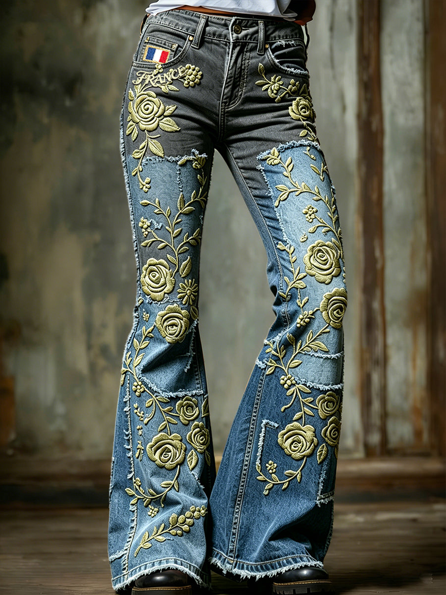 Femmes Français Rétro Floral Denim Patchwork Imprimer Mode Évasée Pantalon