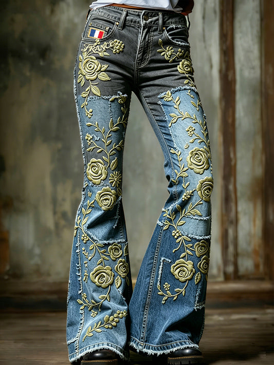 Femmes Français Rétro Floral Denim Patchwork Imprimer Mode Évasée Pantalon
