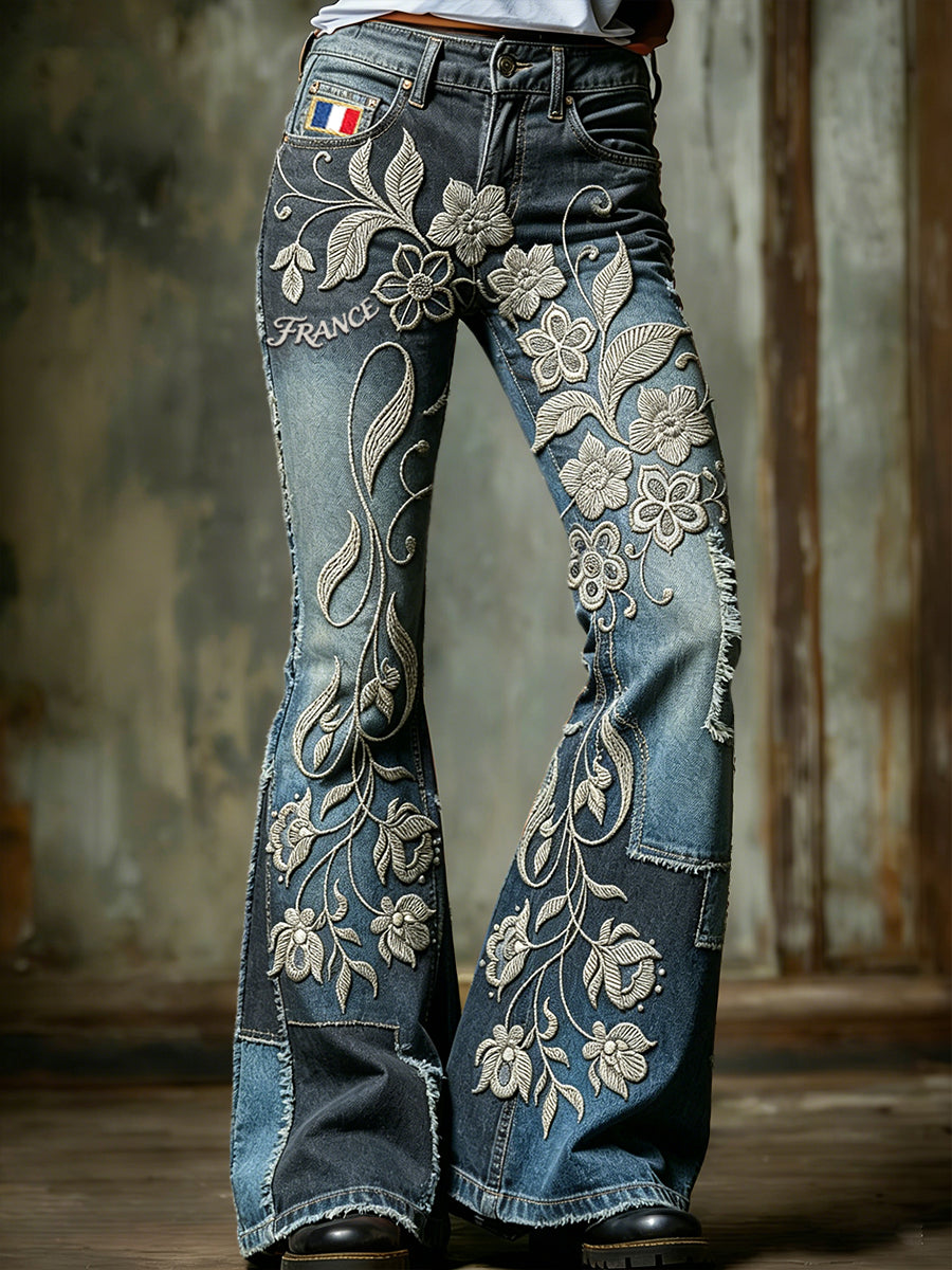 Pantalon évasé à la mode à imprimé floral rétro pour femme