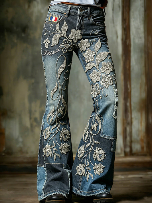 Pantalon évasé à la mode à imprimé floral rétro pour femme