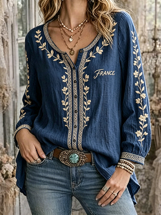 Chemise décontractée pour femme en coton-lin, imprimé floral français, couleur bleu marine vintage