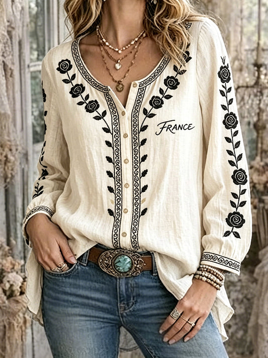 Chemise décontractée pour femme, couleur blanc cassé, imprimé floral français, style vintage, en lin et coton