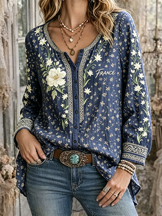Chemise décontractée pour femme en coton-lin à imprimé floral français