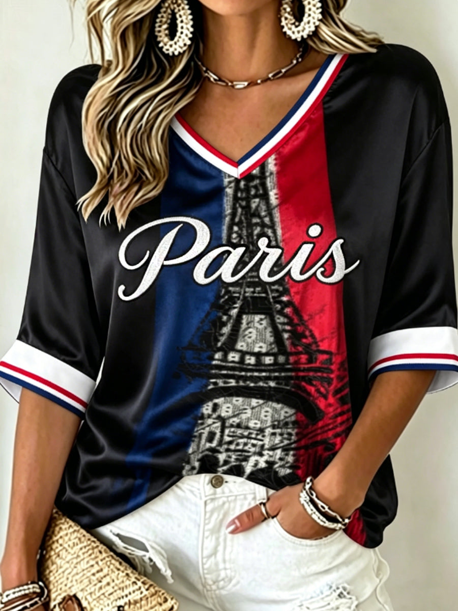T-shirt à manches mi-longues et col en V pour femmes