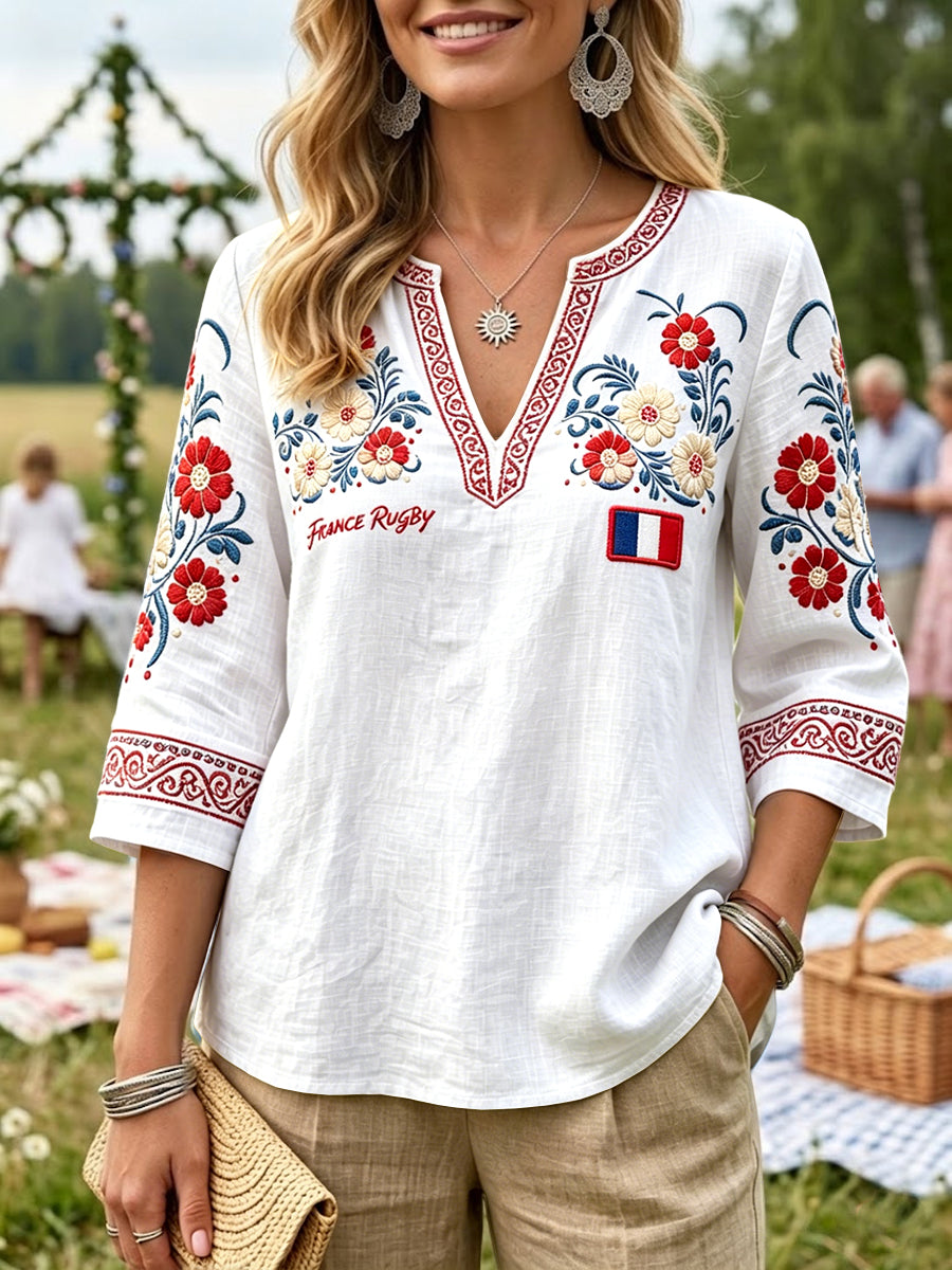 T-shirt décontracté pour femme en coton-lin, à col en V, imprimé floral, rugby français