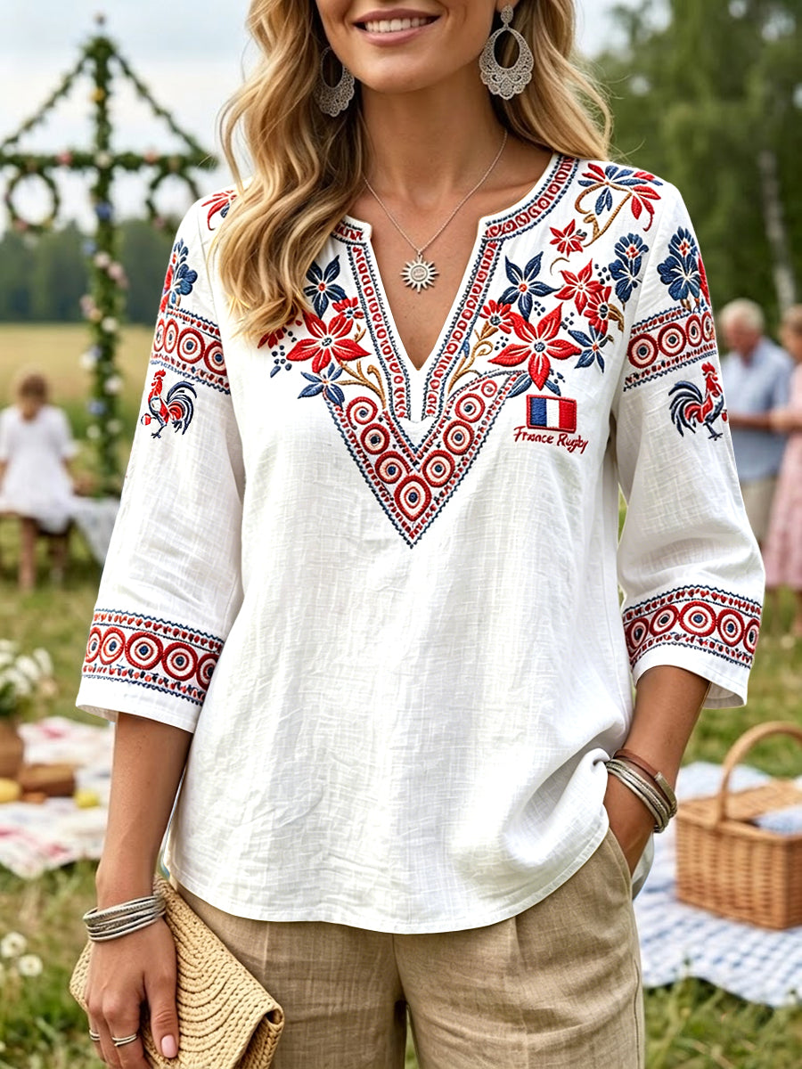 T-shirt femme blanc en coton-lin à col en V, imprimé floral style rugby français, décontracté
