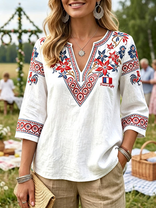 T-shirt femme blanc en coton-lin à col en V, imprimé floral style rugby français, décontracté