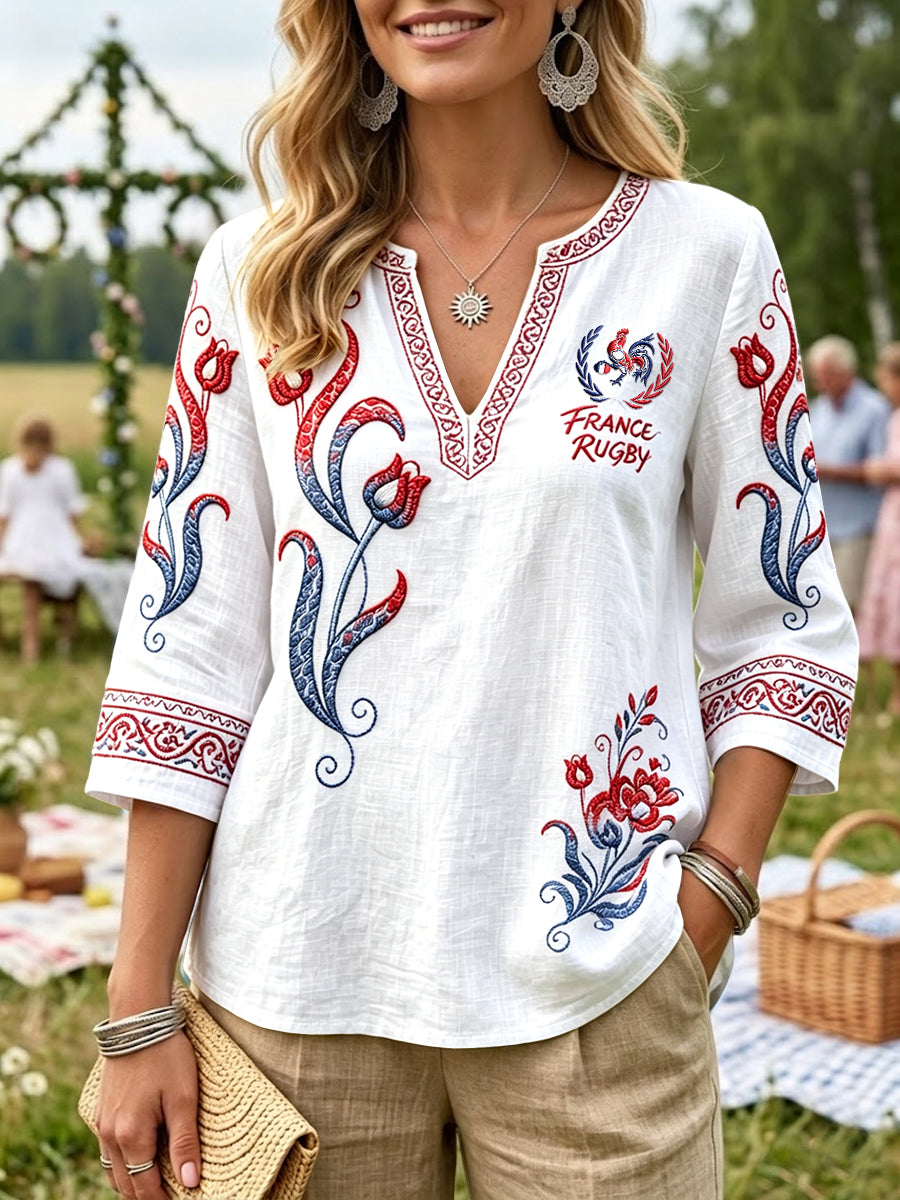 T-shirt décontracté pour femme en coton-lin, col en V, imprimé floral 3D inspiré du rugby français