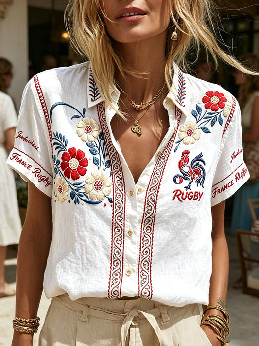 Chemise blanche pour femmes, style rugby français, imprimé floral, décontractée, à manches courtes