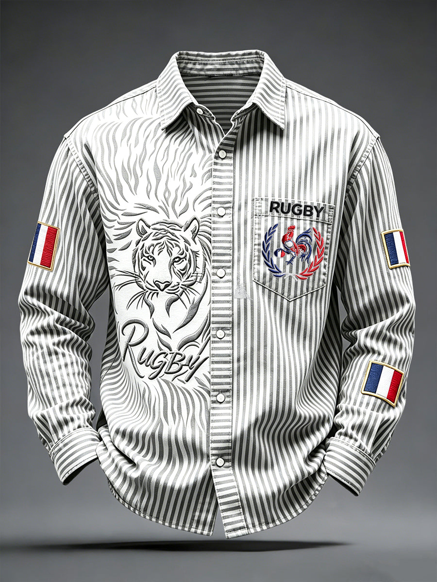 Chemise décontractée à imprimé rayé coq et tigre de rugby français pour homme
