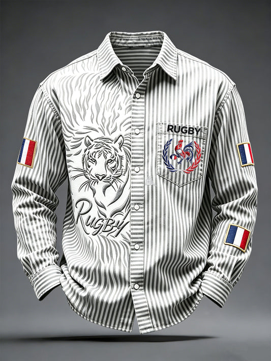Chemise décontractée à imprimé rayé coq et tigre de rugby français pour homme