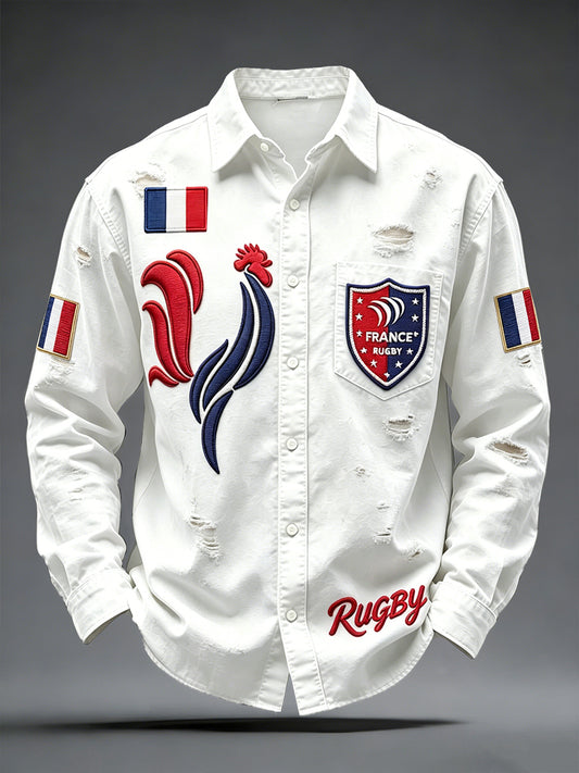Chemise décontractée imprimée en détresse Rooster de rugby français blanc pour homme
