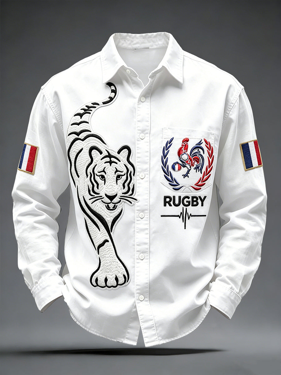 Chemise Homme Blanche French RugbyRooster and Tiger Print