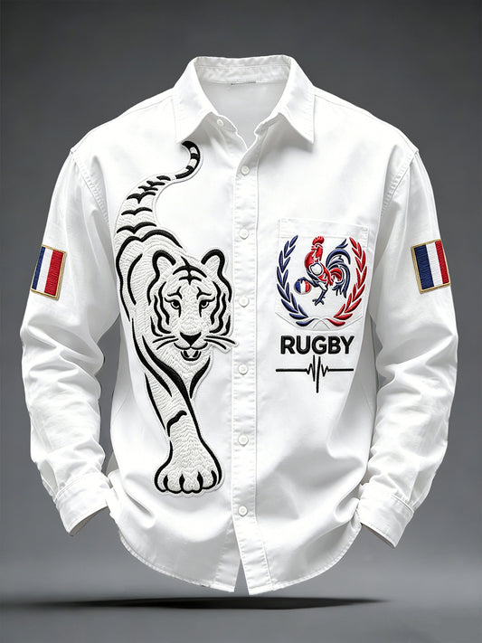 Chemise Homme Blanche French RugbyRooster and Tiger Print