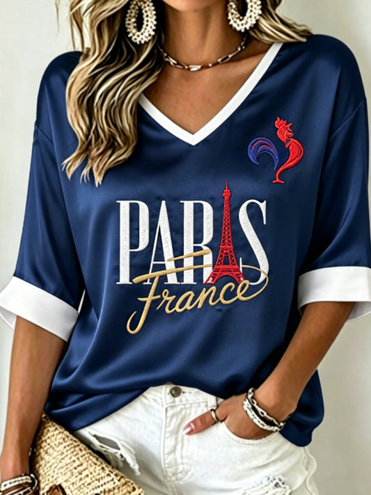 T-shirt à manches mi-longues et col en V pour femme
