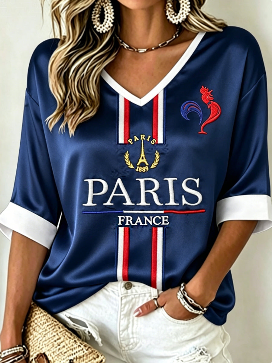 T-shirt à manches mi-longues et col en V pour femme
