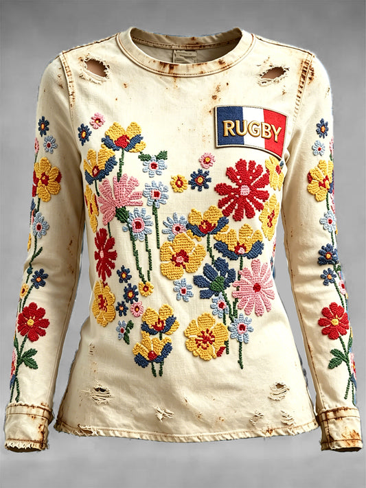 Français Floral Rugby 3D Print Vintage Casual T-shirt à manches longues pour femmes