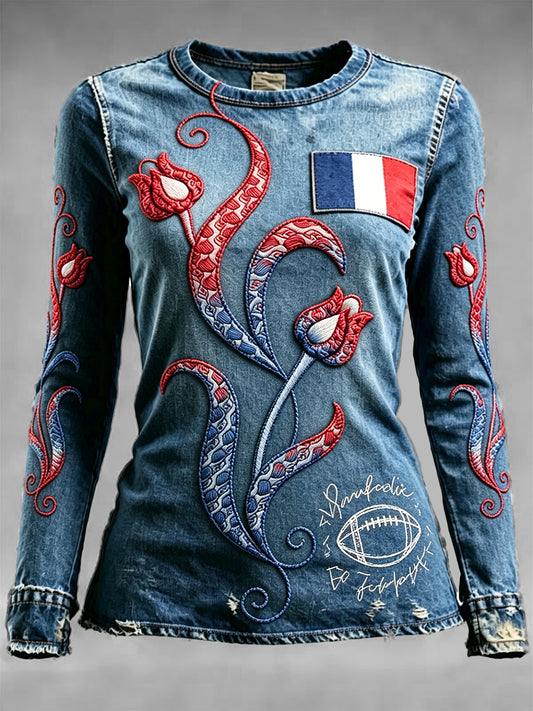 Drapeau français Rugby 3D Print Vintage Casual T-shirt à manches longues pour femmes