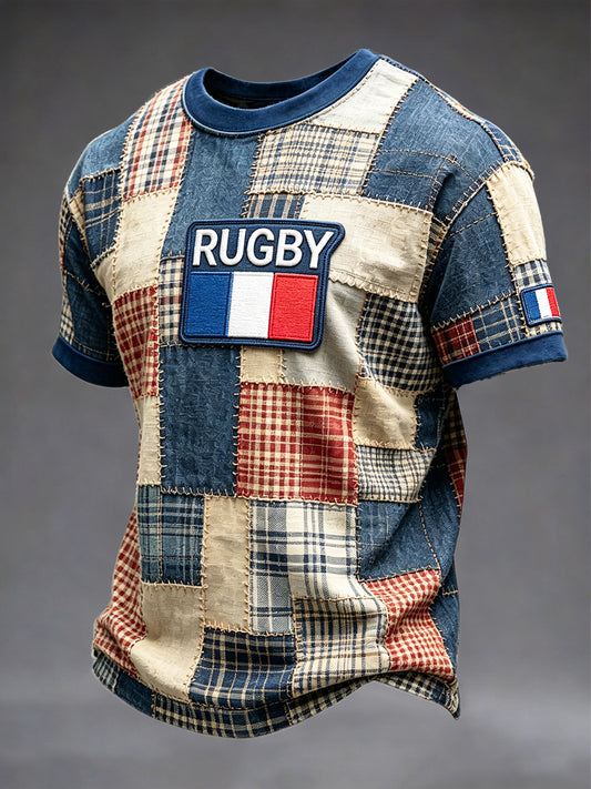 T-shirt décontracté rétro imprimé patchwork de rugby drapeau français pour hommes