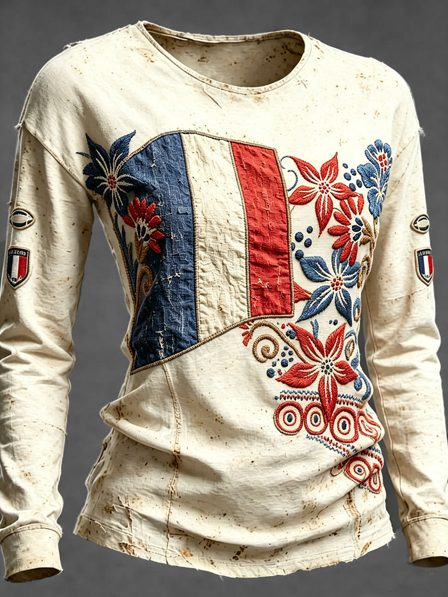 Drapeau français Rugby Patchwork Imprimer Vintage T-shirt décontracté à manches longues pour femmes