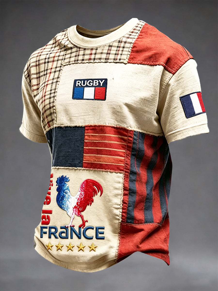 French Rooster Rugby Retro Checked Patchwork Print Casual T-shirt pour hommes