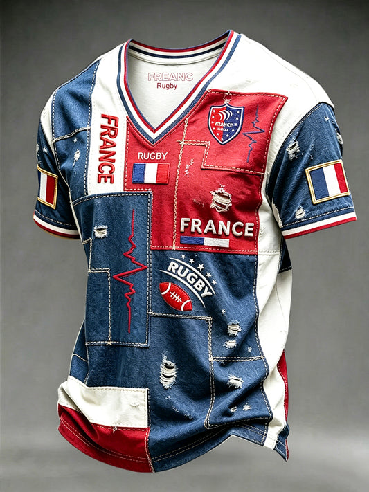 T-shirt décontracté à col en V pour homme, motif patchwork 3D vieilli, inspiration rugby français