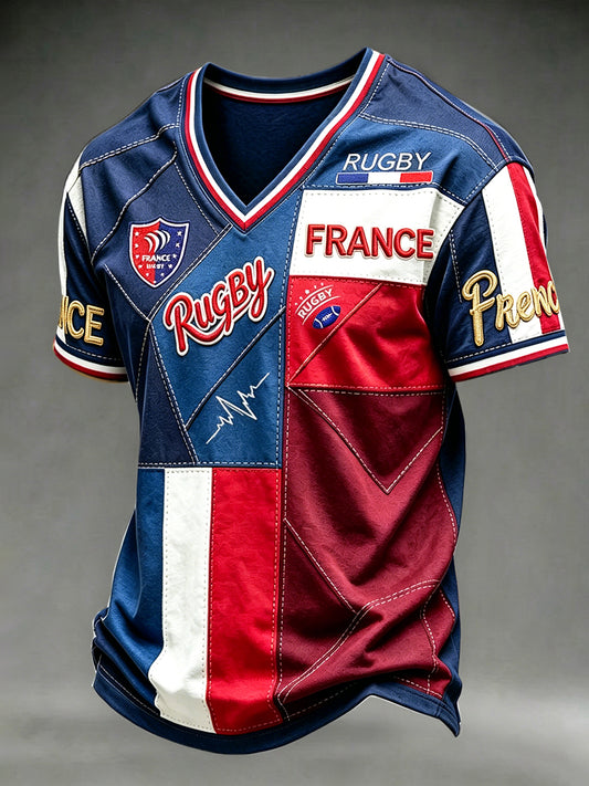 T-shirt décontracté à col V pour homme, patchwork, imprimé 3D, rugby français