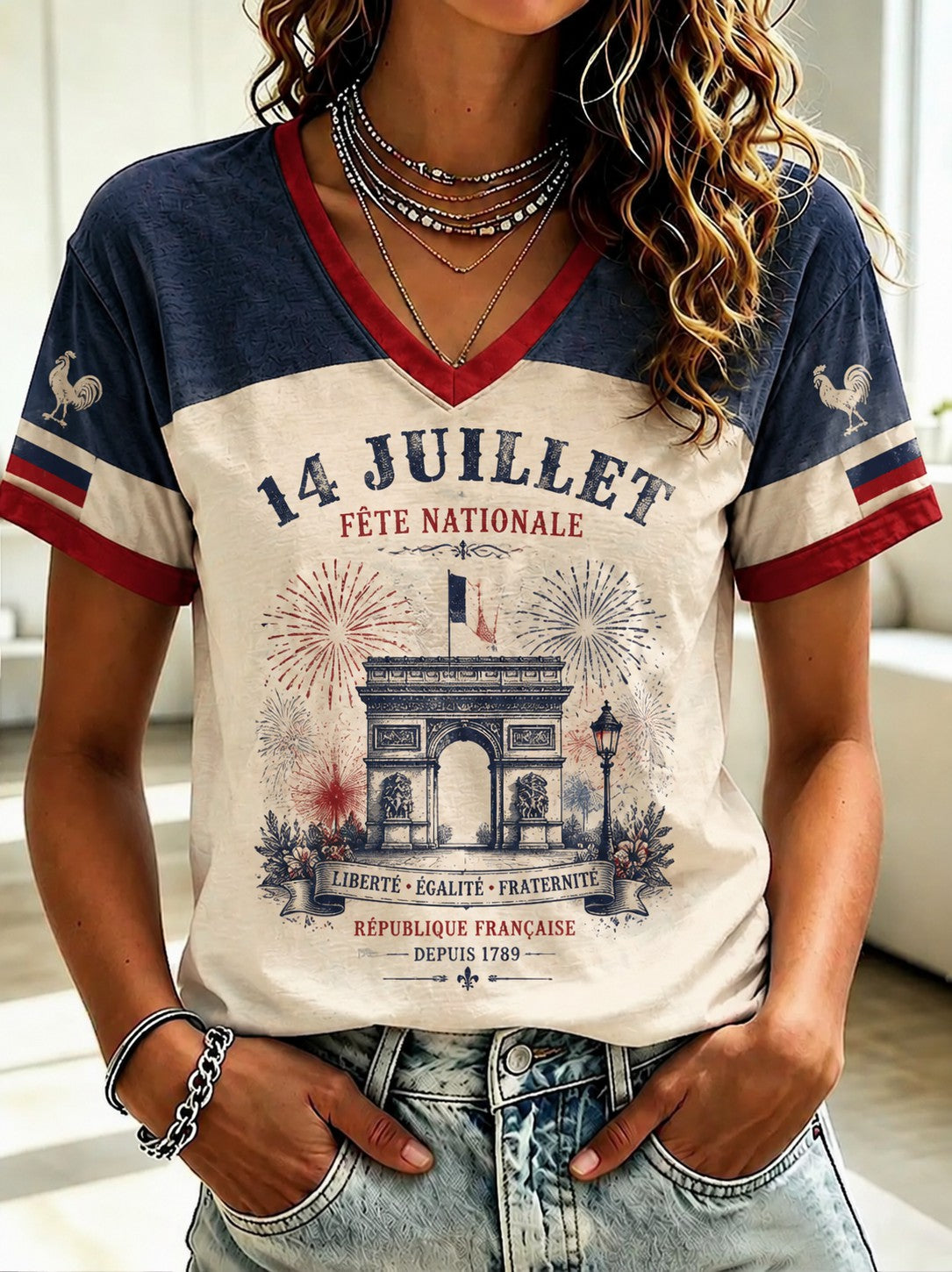 T-shirt femme France du 14 juillet à col en V imprimé