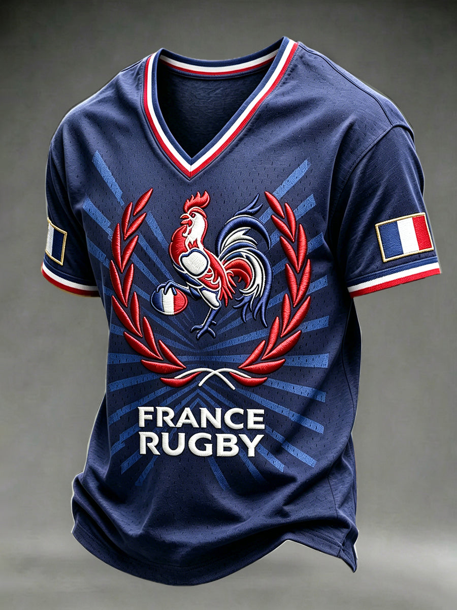 T-shirt décontracté pour homme, style vintage bleu marine, avec imprimé 3D d’un coq gaulois de France, modèle rugby