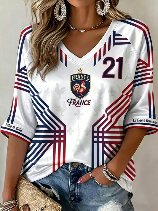T-shirt décontracté à col en V, à rayures de football français rétro pour femme