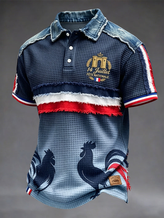 Polo rétro en tissu gauffré, patchwork, décontracté, pour la Fête nationale française