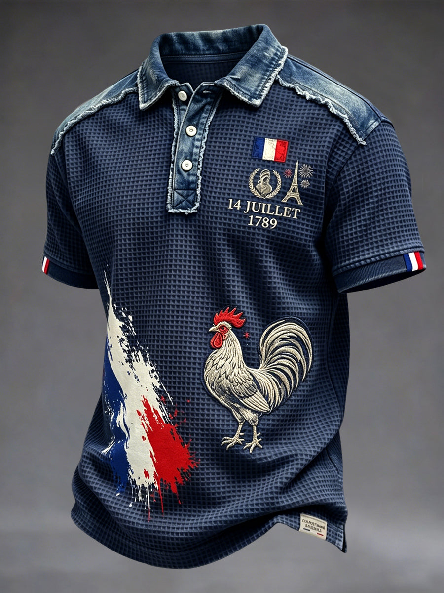Polo rétro à tissage gaufre, coq de la Fête nationale française, style décontracté