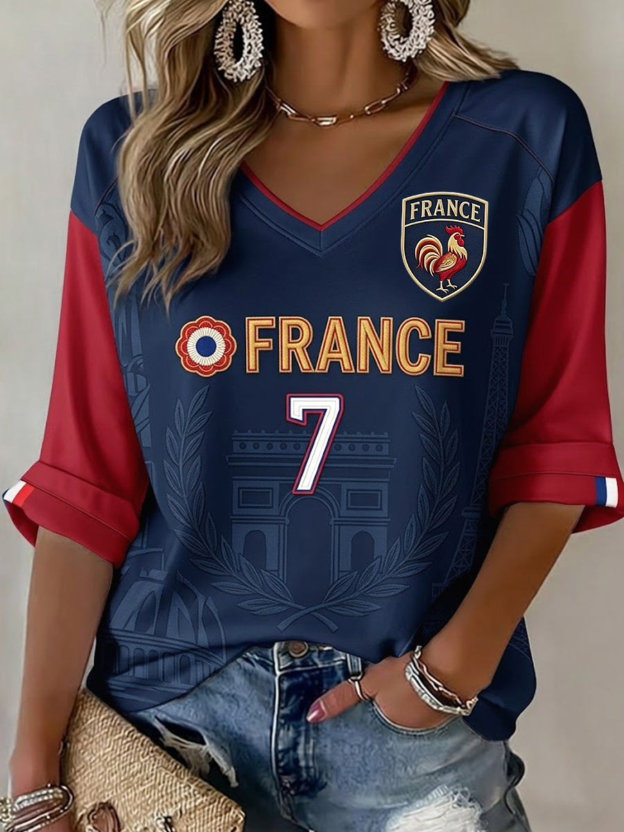 T-shirt décontracté à col en V pour fan de football français, style rétro féminin