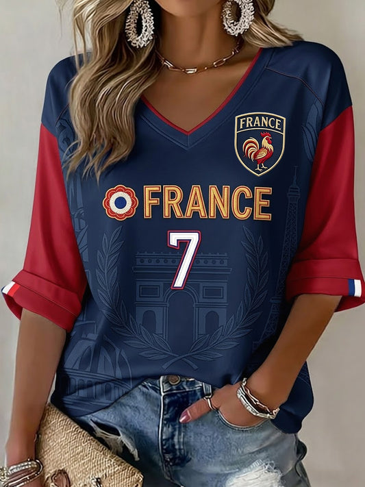 T-shirt décontracté à col en V pour fan de football français, style rétro féminin