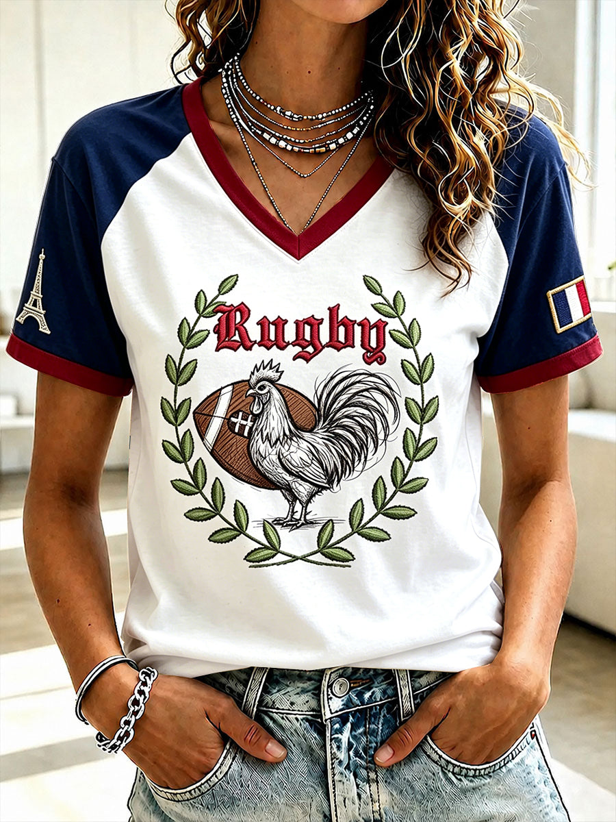 T-shirt décontracté à col en V pour femme, motif coq français, imprimé rugby