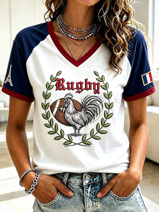 T-shirt décontracté à col en V pour femme, motif coq français, imprimé rugby
