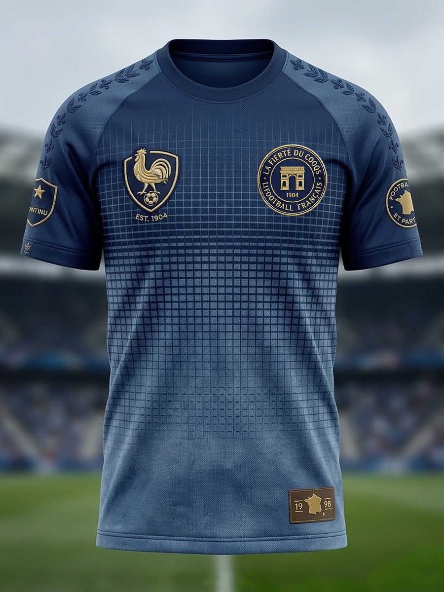 T-shirt décontracté rétro français au motif échiquier en dégradé de football