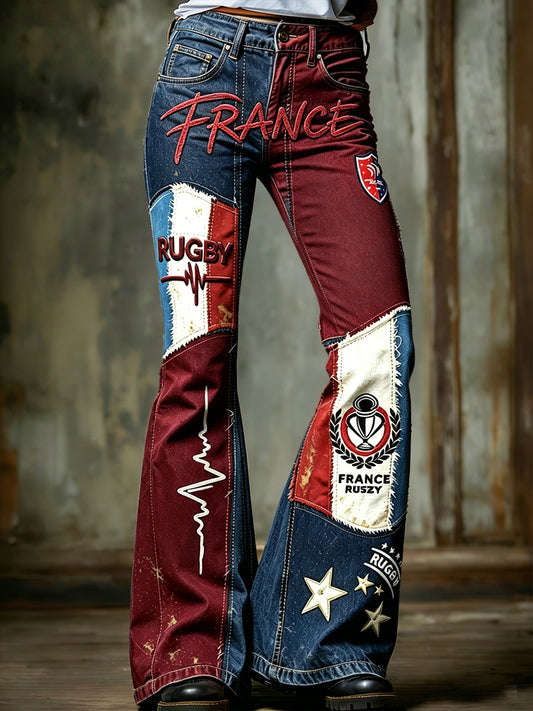 Pantalon décontracté rétro évasé pour femme, en patchwork, motif rugby français