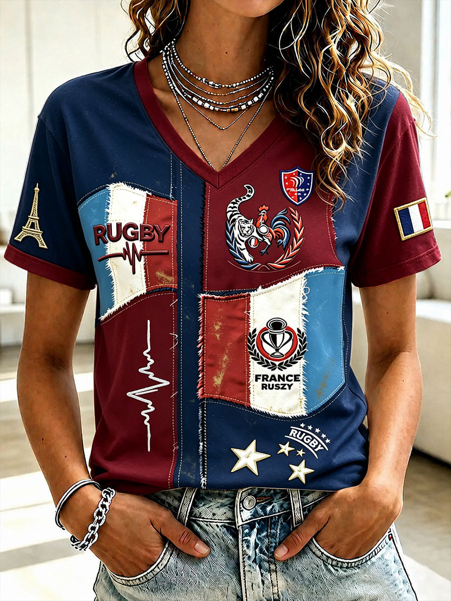 T-shirt décontracté à col en V pour femme, imprimé patchwork rétro, rugby français