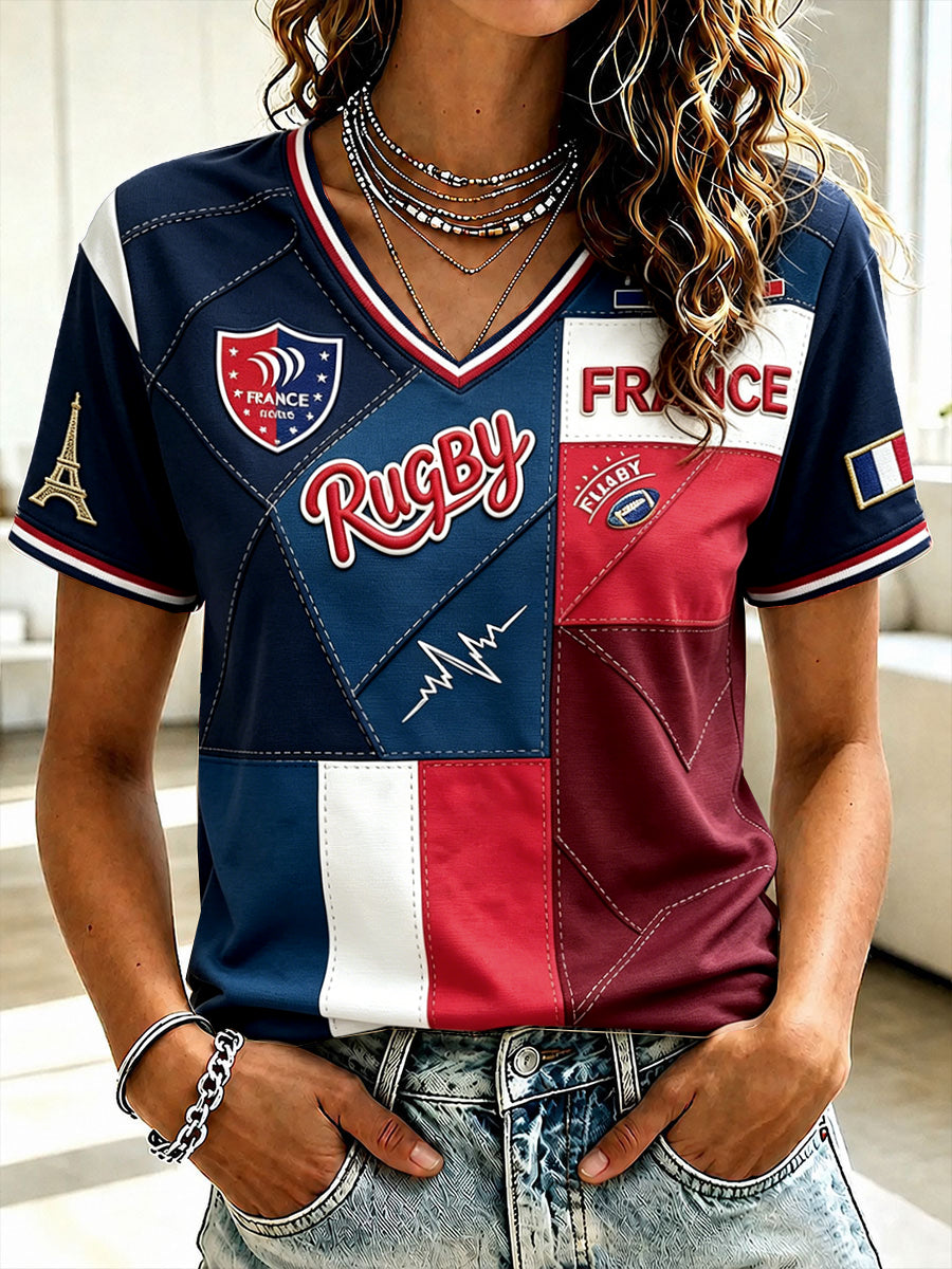 T-shirt décontracté à col en V pour femme, motif patchwork, mode féminine rugby