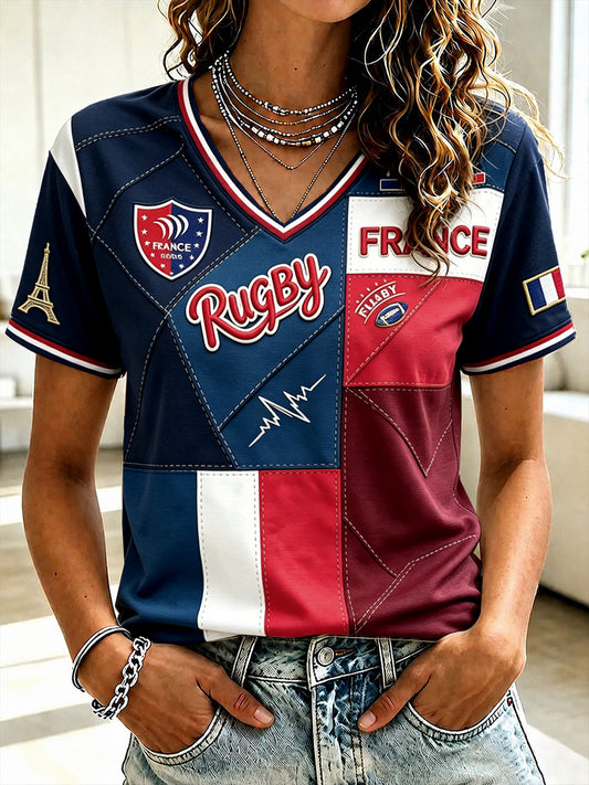 T-shirt décontracté à col en V pour femme, motif patchwork, mode féminine rugby