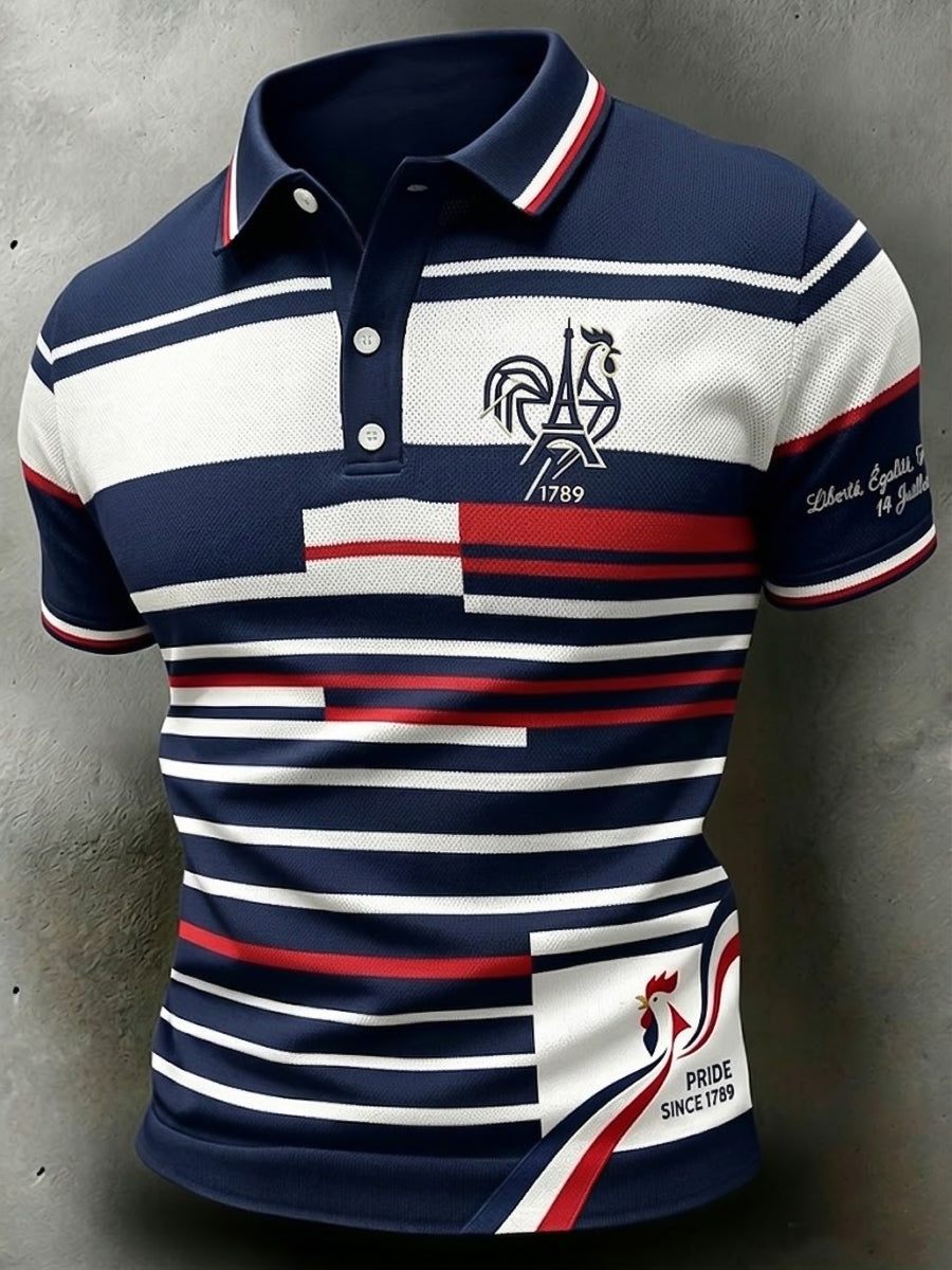 Polo décontracté à rayures rétro pour la Fête nationale française, modèle homme