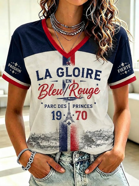 T-shirt femme La Gloire en bleu rouge, imprimé football, col en V