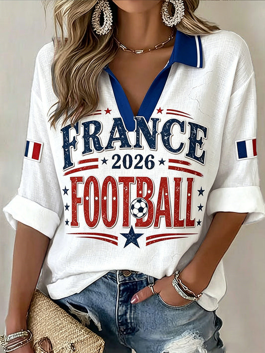 T-shirt décontracté à col en V pour femme, blanc, imprimé football français