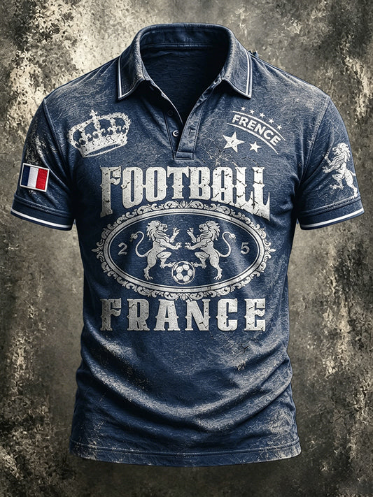 Polo décontracté vintage pour homme, imprimé football français, couleur bleue