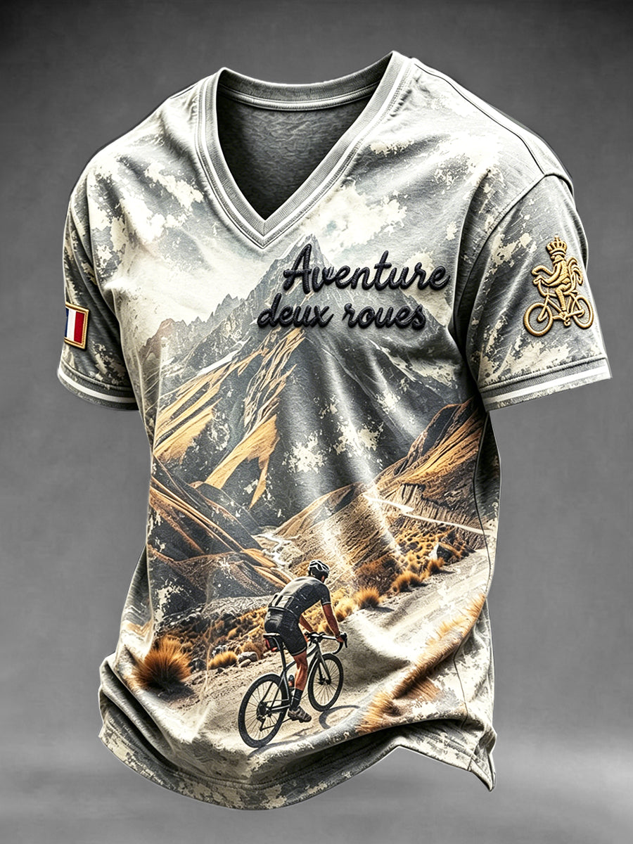 T-shirt décontracté à col en V pour homme, motif cyclisme du Tour de France, tendance et élégant