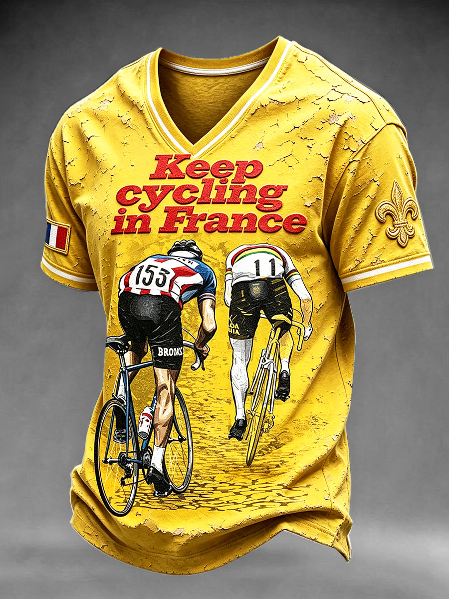 T-shirt décontracté à col en V pour homme, imprimé Tour de France, couleur jaune