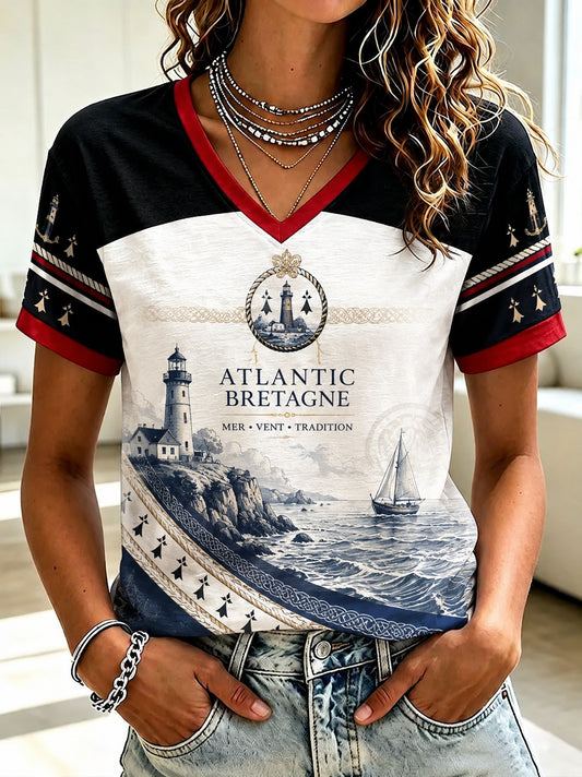 T-shirt à col en V imprimé celtique de Bretagne pour femmes