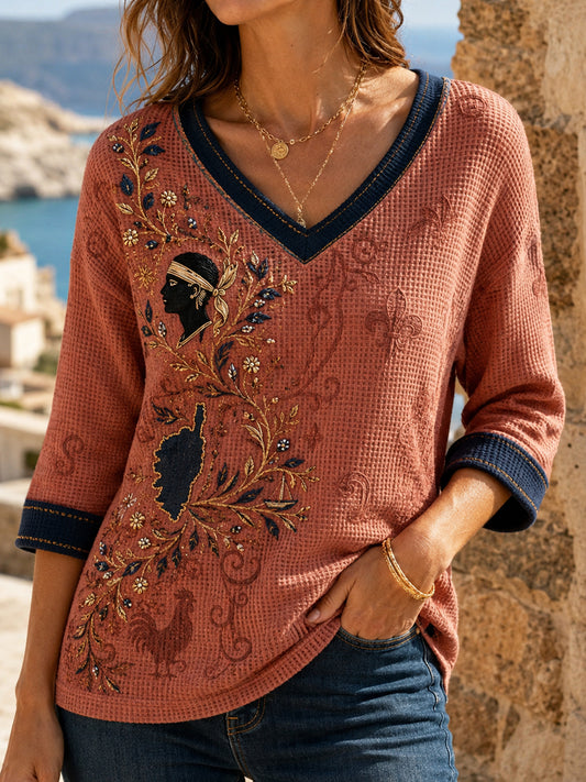Haut vintage pour femme à col en V, imprimé floral corse, tissage gauffré